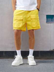 Manfinity Homme 男士休闲直筒简约牛仔短裤 - 黃色 - 查看 5