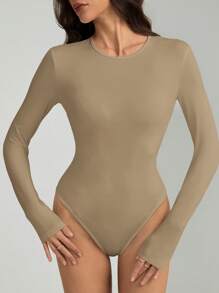 SHEIN Tall Solid Slim Fit Spring Women Bodysuit - Khaki - View 7
