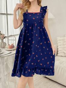 CottageSlumber 樱花印花方领盖袖女式睡袍娃娃装，酒红色节日季 - 藏蓝色 - 查看 5