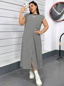 SHEIN Essnce Plus-Size Women's Casual Dress, Padded Shoulder Dress, Right Shoulder Women's Dress,Summer Outfits For Women Graphic Tees Women - Black - View 5