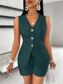 SOLERSUN Solid Button Front Vest Blazer & Shorts - Dark Green - View 4