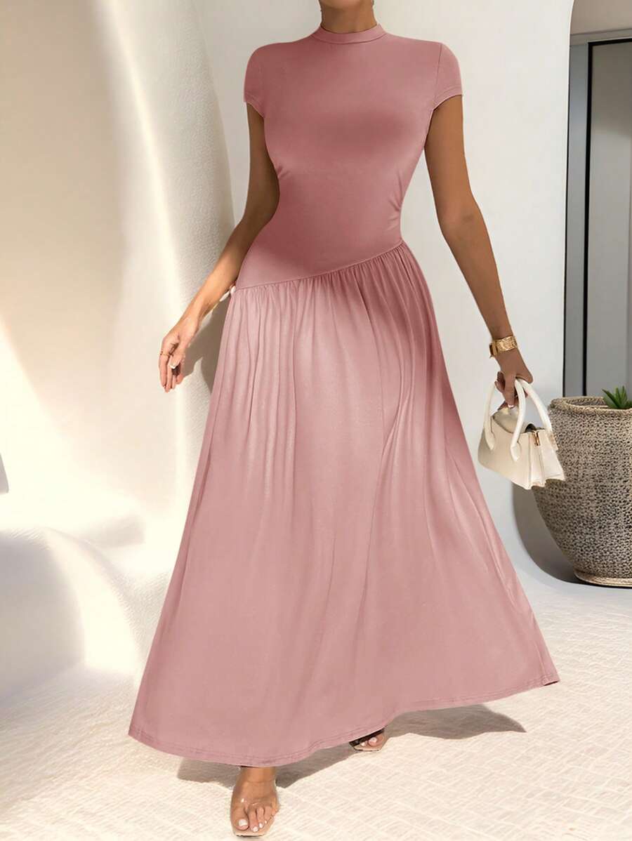 Firerie Elegant Everyday Wear Unconventional Solid Color Short Sleeve Slim Fit Standing Collar Asymmetric A-Line Waist Dress - Pink - View 1