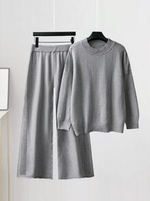 SHEIN LUNE Plus Size Women Knitted Wool Sweater Lounge Set, Coffee Color - Grey - View 1