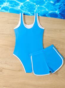 Tween Girls 纯色边饰连体泳衣，配有纯色三角裤，适合度假、海滩、冲浪、游泳