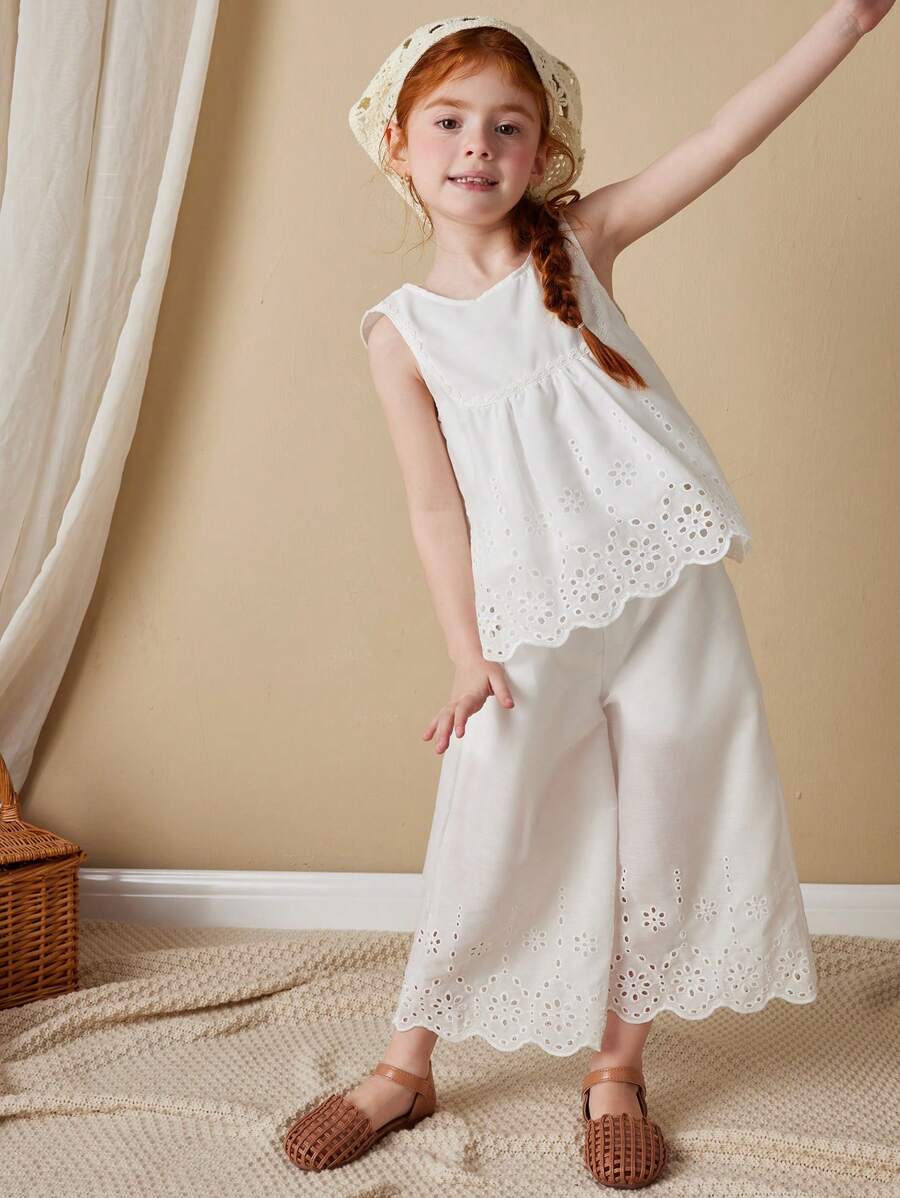 SHEIN Leap Crew Young Girls Spring/Summer French Style Elegant White Jacquard Embroidered Round Neck Set - White - View 1