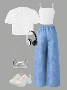 SHEIN 3pcs Tween Girls Mesh T-Shirt & Bear Graphic Tank Top & Denim Print Pants Set