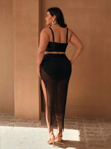 Swim Oasis 3 件/套大码女式 Oasis 高端黑色紧身胸衣上衣，配有可拆卸肩带、金色配饰、高腰裤套装，搭配黑色网眼纱笼，夏日海滩度假 - 黑色 - 查看 7