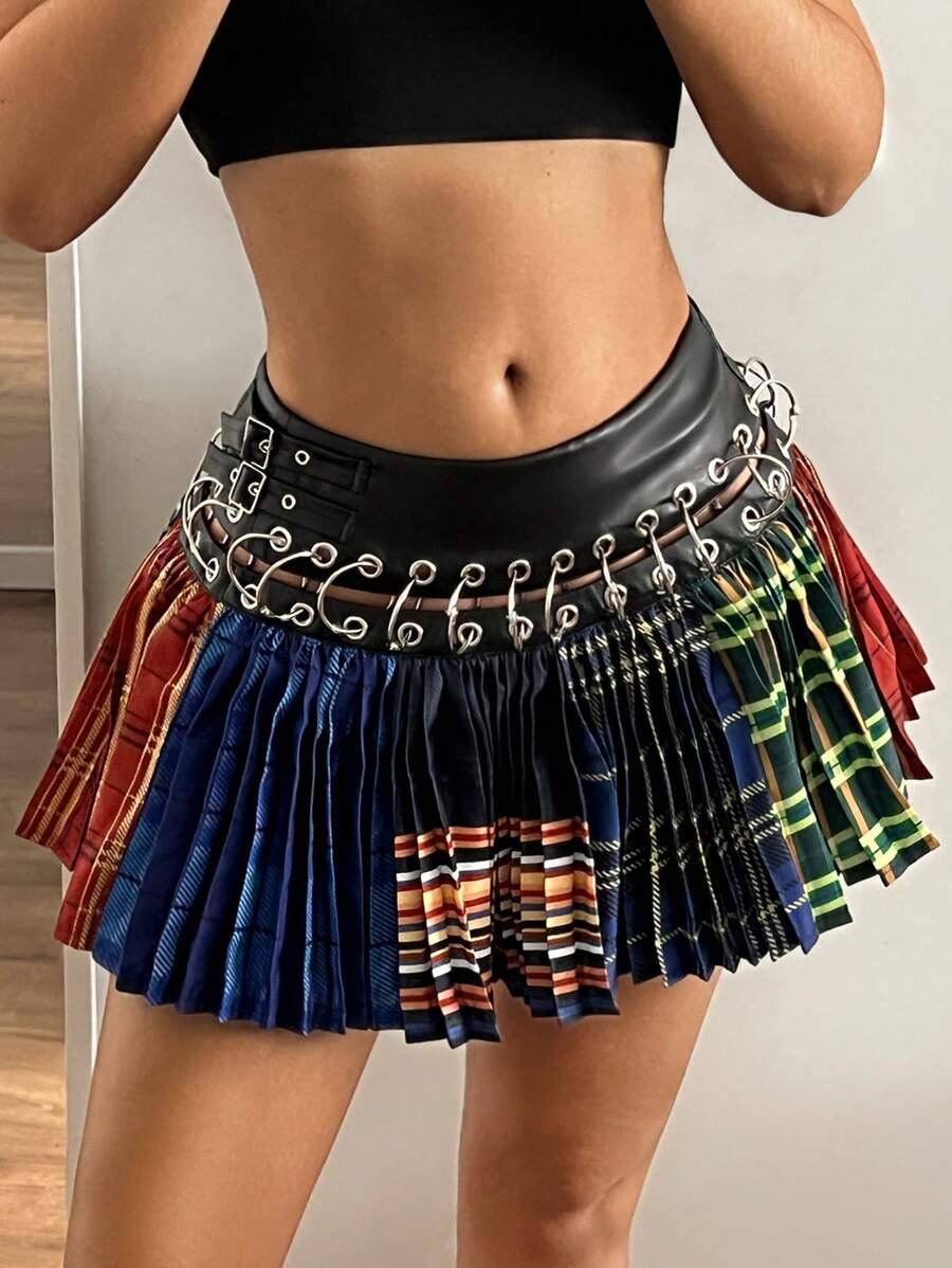 SHEIN ICON 美国复古街头风格低腰 PU 腰带格子迷你裙 - 彩色 - 查看 1