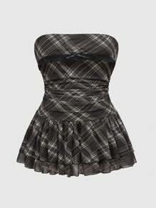 ROMWE J-Fashion 大码女式复古格子印花 A 字形连衣裙 - 棕色 - 查看 1