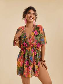Travachic Plus Size Women's Tropical Floral Print Loose V-Neck Criss-Cross Beach Cover Up Swimsuit, Casual Resort Wear, Sun Protection Country Concert Outfit, Sarong - Multicolor - View 5