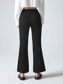 LYSMO 女款字母刺绣拼布侧缝喇叭裤 - 黑色 - 查看 2