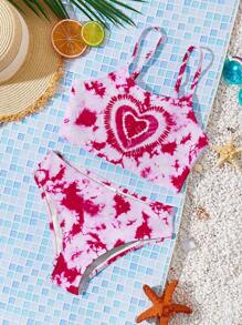 Tween Girls Tie-Dye Heart Print Casual Simple Tank Top And Triangle Bikini Swimwear Set, Suitable For Summer - Multicolor - View 1