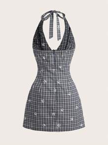 Easelle Black Plaid Woven Women's Halter Neck Dress