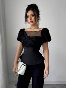 Elenzga Top court élégant unique français, chemise femme avec manches bouffantes à empiècement noir et taille cintrée, convient pour le travail, les rendez-vous, les fêtes, le carnaval, Pâques, les festivals de musique, le printemps/l'été
