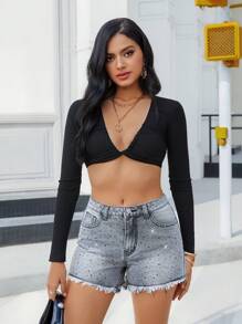 SHEIN Essnce Fashion Versatile Rhinestone Embellished Women's Denim Shorts - Grey - View 4