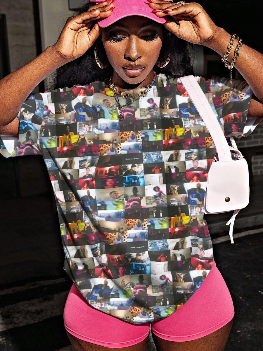 INAWLY Retro Street Style Vintage Photo Collage Oversize Short Sleeve T-Shirt - White - View 1