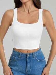 SHEIN Tall Summer White Simple Basic Versatile Square Neck Tank Top, Suitable For Many Occasions
