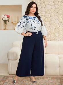 Modelyn 2pcs/Set Plus Size Round Neck Lantern Sleeve Floral Top And Crystal Waist Belt Wide Leg Long Pants - Multicolor - View 3