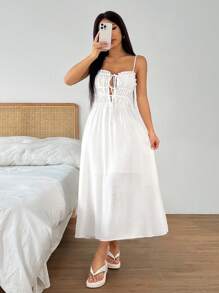 SHEIN EZwear Women's Solid Color Ruched Front Tie Pocketed Casual Midi Slip Dress - White - View 4