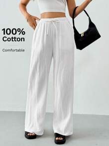 SHEIN Tall 棉质宽松纹理皱面料抽绳腰部白色长裤