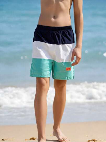 SHEIN Shorts de Praia Esportivos Casuais para Meninos Adolescentes, Tecido de Trançado Articulado em Patchwork com Caimento Solto