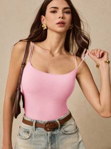 Poéselle Women's Casual Versatile Solid Color Adjustable Strap Camisole Top With Built-In Bra - Pink - View 3