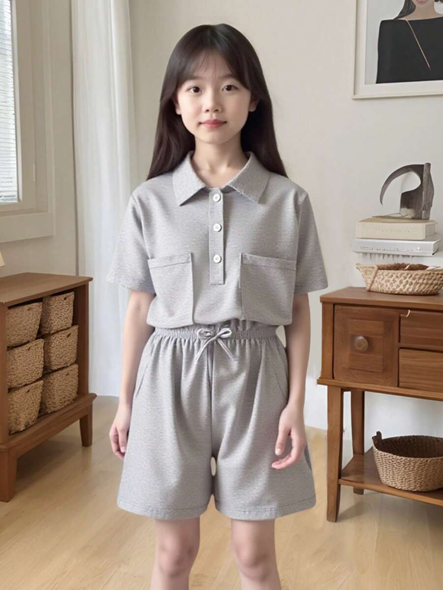 2 件套女童休闲 Polo 领短袖短款上衣带口袋和高腰阔腿宽松短裤套装，夏季 - 灰色 - 查看 1