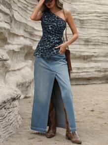 EMERY ROSE Elegant Leopard Print Shoulder Exposed Blouse, Suitable For Multiple Occasions  - Blue - View 5