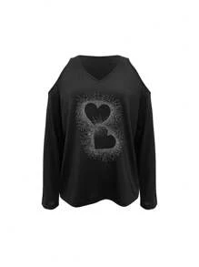 Women's Rhinestone Heart Print Loose Off Shoulder Fashion T-Shirt - Black - View 3