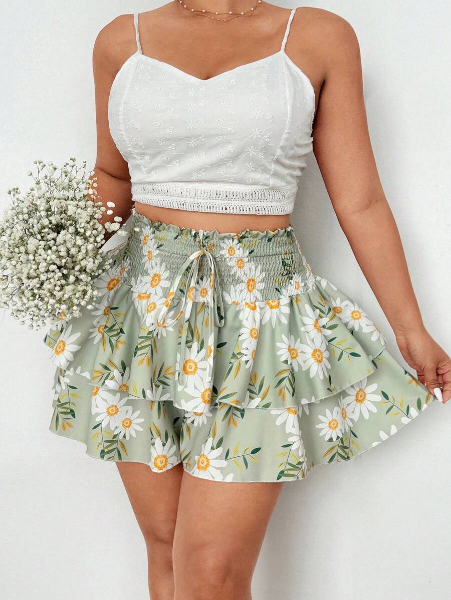 Flirla Plus Size Women Floral Print Drawstring Waist Double Layered Shorts - Multicolor - View 1