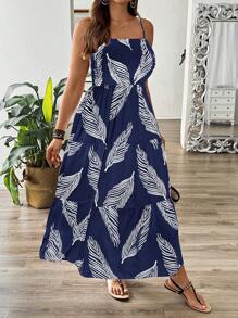 SHEIN Clasi Đầm Maxi xếp ly in hình lá phong cách ngày lễ cỡ lớn cho nữ - Màu xanh hải quân - Xem 5