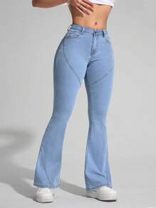 SHEIN EZwear Women's Casual Washed Low Waist Slim Flared Jeans - Light Wash - View 4