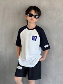 SHEIN Teen Boys' Casual Sports Cartoon Pattern Contrast Color Raglan Sleeve Short Sleeve T-Shirt, Street Style, Suitable For Spring/Summer, Sports, Daily Wear, School And Parties/Music Festivals - White - View 1