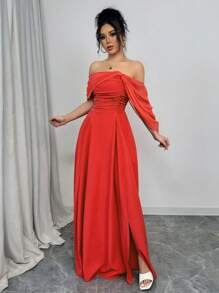 Rafferiza Đầm trễ vai nhún bèo cổ bẻ eo cho nữ - Đỏ - Xem 5