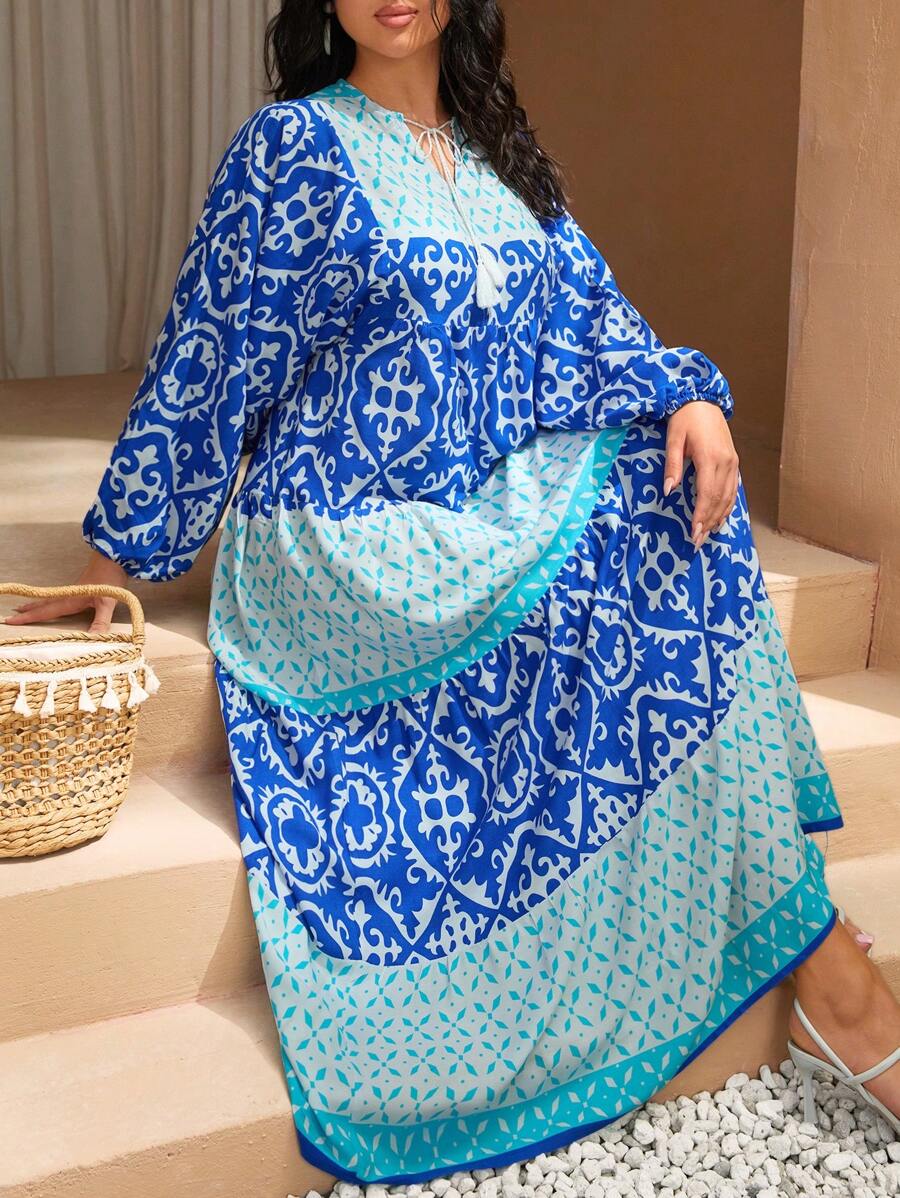 RueChic Vacation All Over Print Flare Plus Dress - Blue - View 1