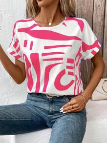 Chiquease Woman Casual Vacation Random Print Blouse - Hot Pink - View 3