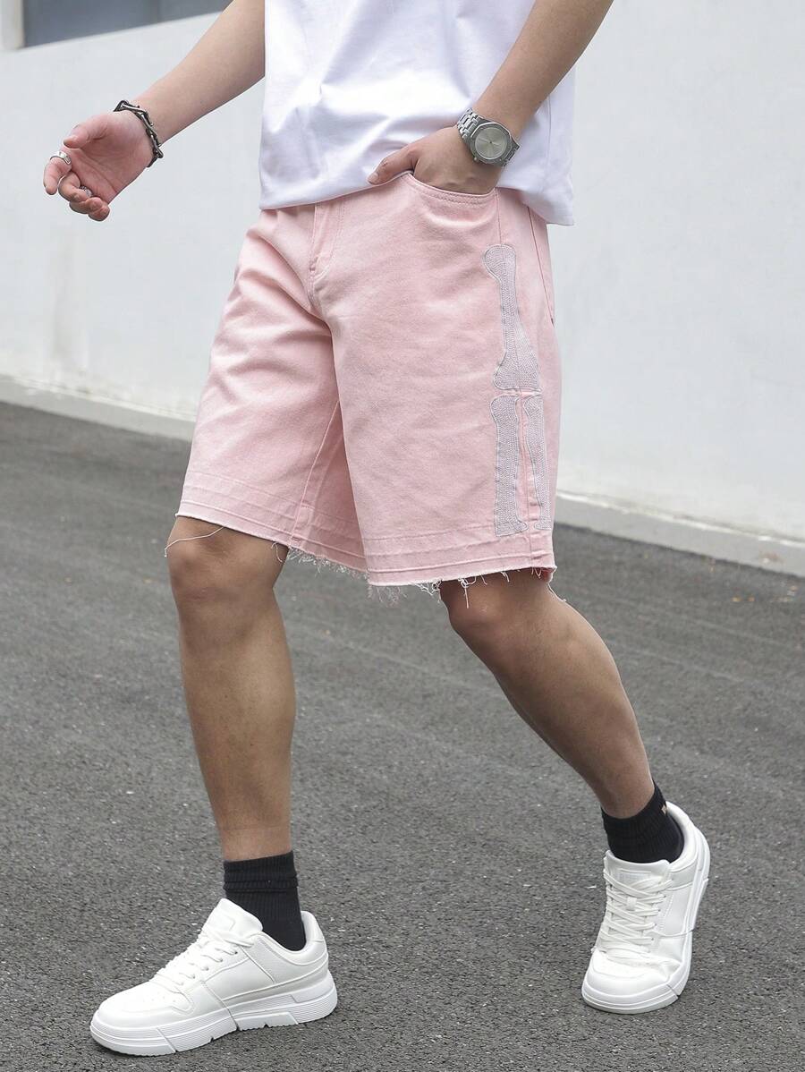 Manfinity Homme Casual broderade rosa jeansshorts för män - Rosa - Visa 1