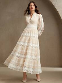 Anewsta 法式时尚宫廷镂空拼接柔软蕾丝边长裙，适合春季、节日、度假 - 米色 - 查看 3