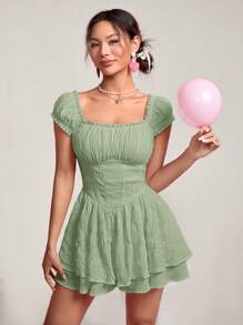 SHEIN PETITE Women Solid Color Ruched Square Collar Raglan Sleeve Pleated Mini Dress - Mint Green - View 6