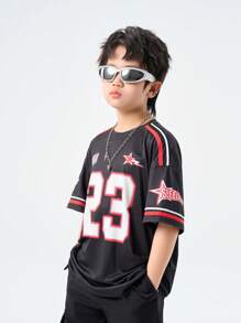 SHEIN Teenager Spring/Summer Round Neck Short Sleeve Casual Jersey Boys Casual Stylish Hiphop Streetwear City Name, Number 23, Star, Fashion Slogan, Shield Logo Printed Short Sleeve Crew Neck T-Shirt, Suitable For Summer