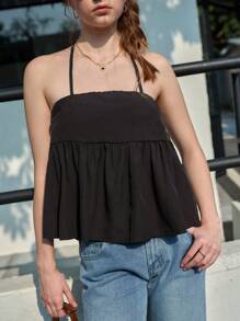 Women's Ruffled Strap Fitted Tank Top, Sexy & Slimming, Summer - Black - View 1