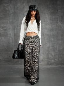 SHEIN EZwear Pantaloni a zampa di donna con stampa leopardata in stile streetwear estivo, western, grunge e da cowgirl - Multicolore - Visualizzare 4