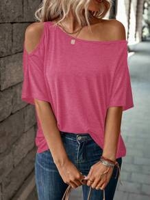 SHEIN LUNE Women Off-Shoulder Casual Loose Solid Color T-Shirt