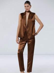 Aveloria Modichic Women's Satin-Trimmed Lapel Sleeveless Blazer Vest With Belt & Suit Pants Co-Ord Set, Elegant Luxury Commuting & Versatile Style