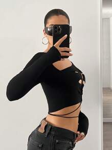 SHEIN ICON Women's Sheer Panel Asymmetrical Cutout Short Black Long Sleeve T-Shirt, Sexy Outdoor Style