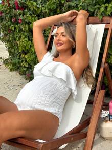 SHEIN 优雅孕妇度假装，特殊面料连体衣，带超大荷叶边肩部