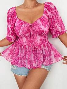 Flirla Plus Size Romantic Style Square Collar Cinched Waist A-Line Shirt - Multicolor - View 1