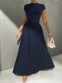 Firerie Minimalistisch Elegant Dagelijks Draagbaar Uniek Effen Kleur Korte Mouw Getailleerde Staande Kraag Asymmetrische A-lijn Taille Lange Jurk