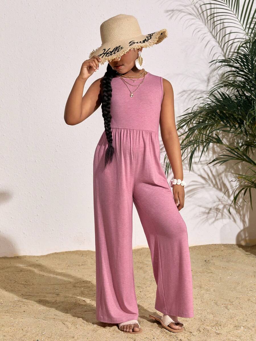 SHEIN Tween Girl Everyday Casual Solid Color Knit Crew Neck Sleeveless Jumpsuit - Pink - View 1