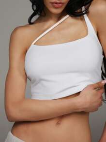 SHEIN Unity Fashionable Vacation Versatile Cropped White Camisole, One-Shoulder Tank Top - White - View 3